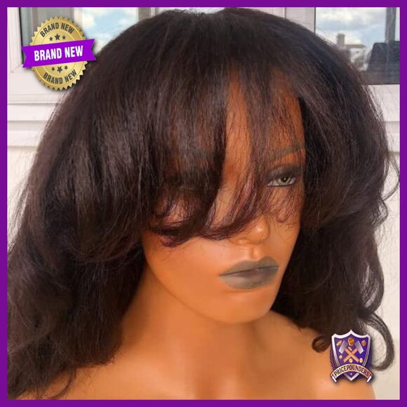 200 Density Yaki Wavy Human Hair Wig With Bangs 12 Inch main image 4